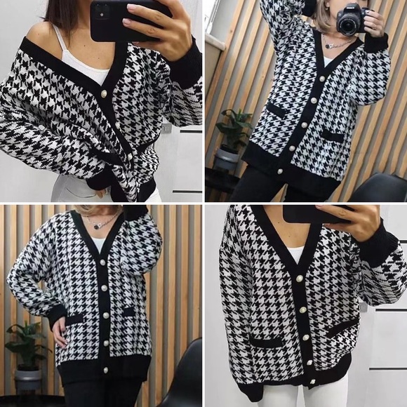 Cardigan 🆕 black white knit 5 buttons sweater v-neck oversized hip length - Picture 3 of 17
